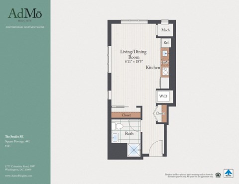 Floor plan for studio, 1 bath, 441 sqft